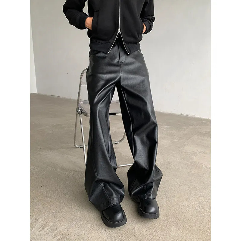 PU Leather Pants Men 2025 Spring Mens Punk American Fashion Hip Wideleg Mopping Trousers Windproof Dark BrownBlack 250304