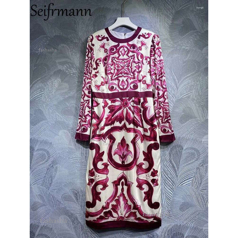 Casual Dresses Seifrmann High Quality Summer Women Fashion Designer Real Silk Dress Long Sleeve Red White Porcelain Printed Penci