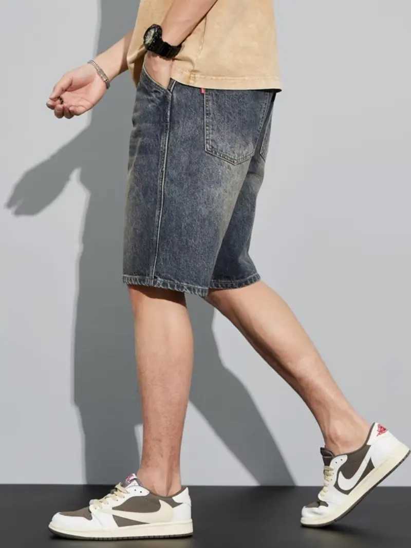 Summer denim shorts mens thin pants casual shorts loose straight mens washed jeans.T250305