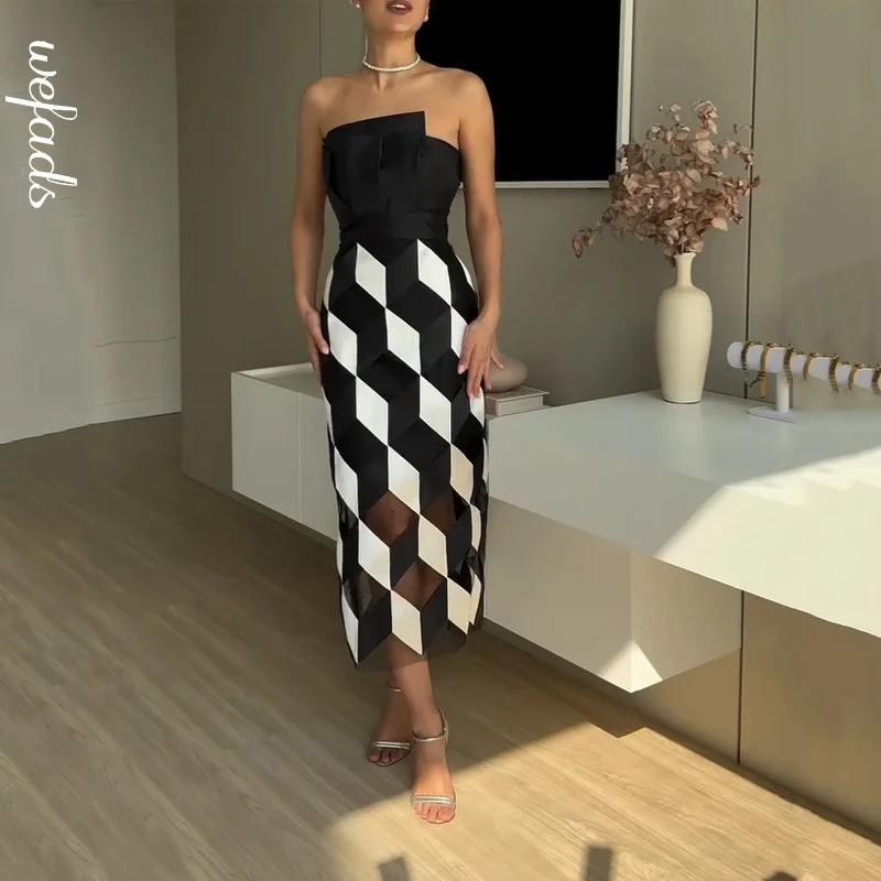 Wefads Midi Dres Fashion Sleeveless Tube Nipped Waist Contrast Multifaceted Printed Evening Party Dresses Streetwear 250304