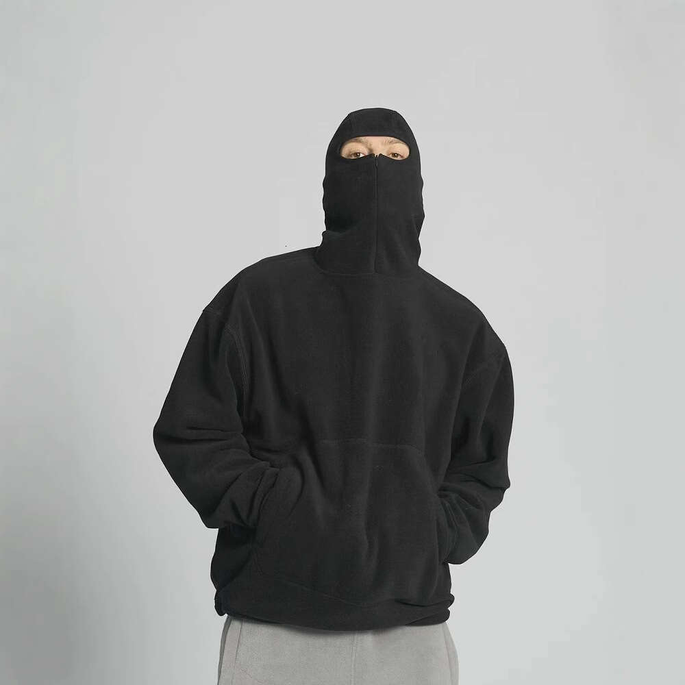 Polar fleece hip-hop high street solid color ninja hooded men's half zip hoodie pullover top