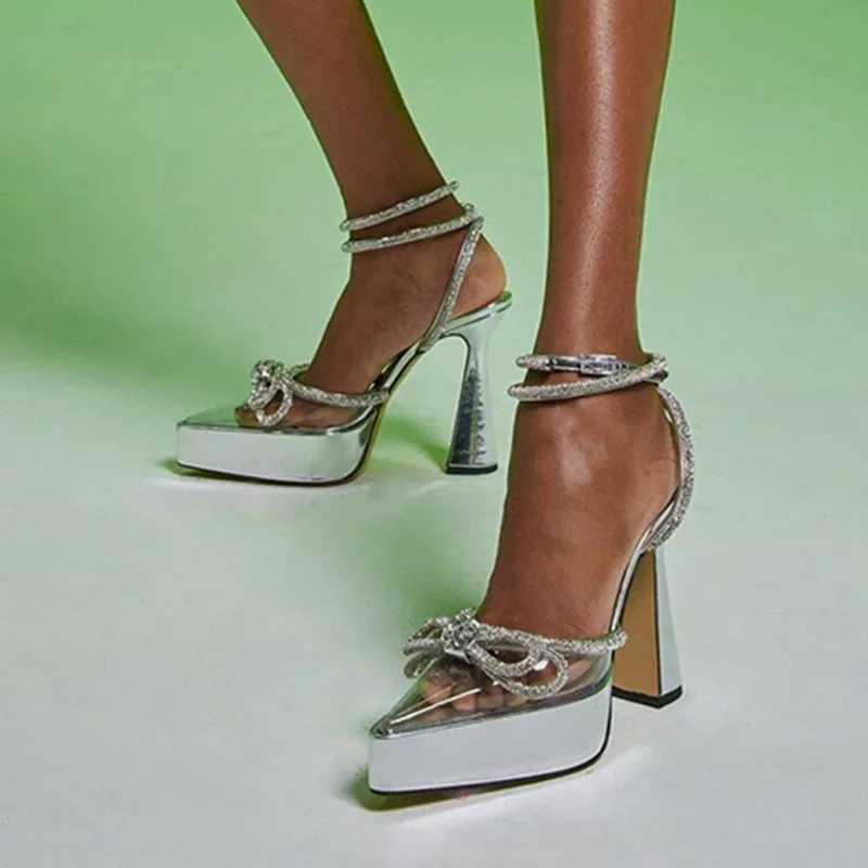 Sexy Transparent PVC Cover Toe Ladies Sandals Pumps Crystal Pointed Butterfly-knot Platform Chunky High Heel Party Wedding ShoesXJ2500305