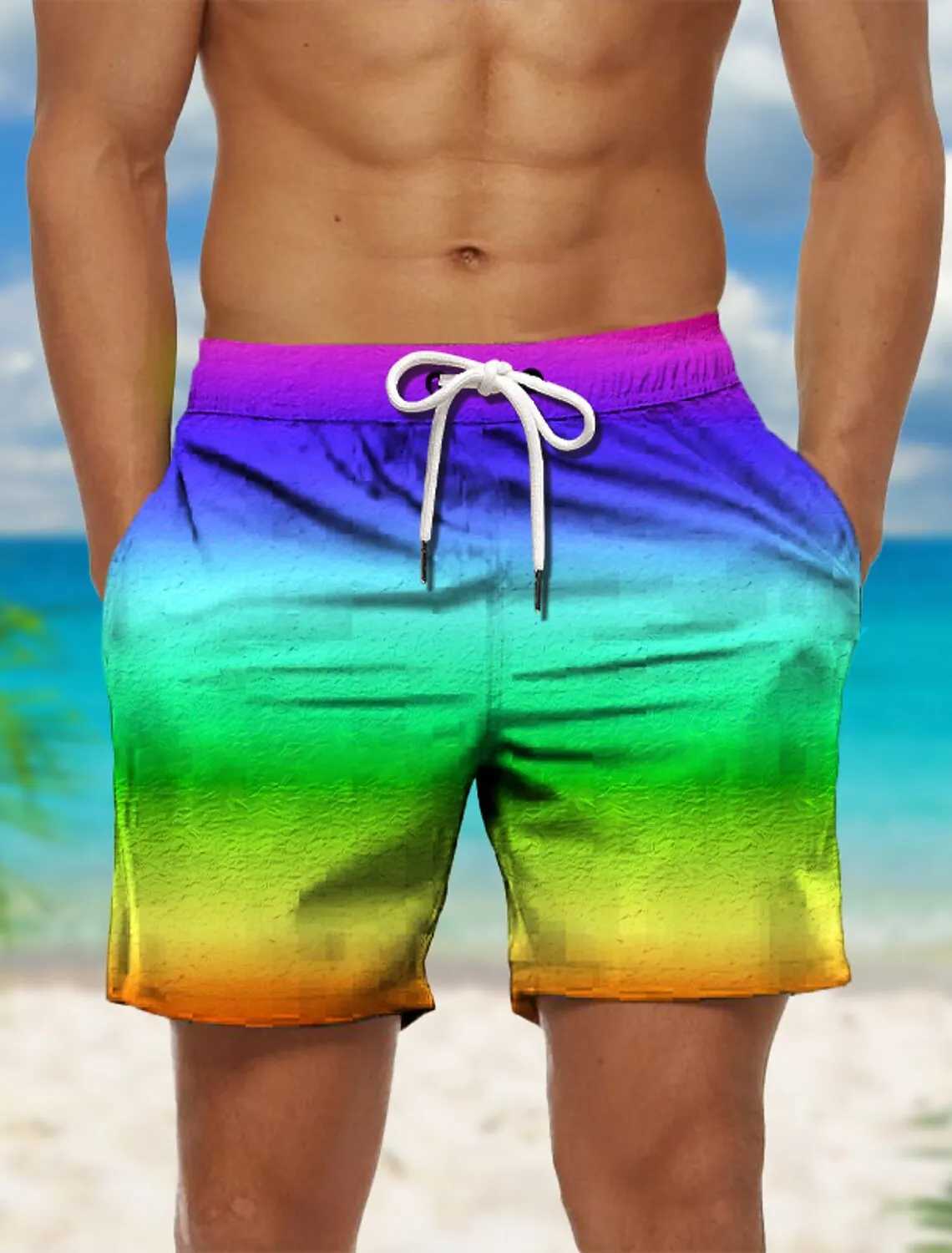 Rainbow colored 3D printed shorts for men comfortable and casual swimming shorts for women fashionable beach shorts sports and fitness ice shortsXJ250