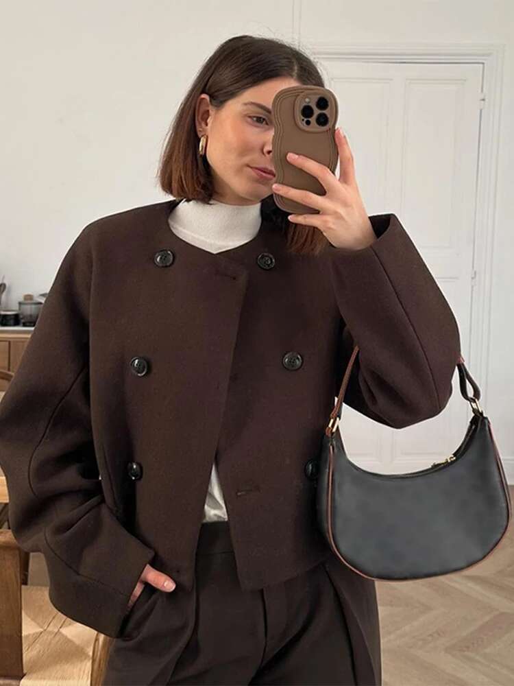 Casual Cardigan Short Coats Women O-Neck Double Breasted Long Sleeves Jackets Female Spring New Solid Loose Lady Outwear