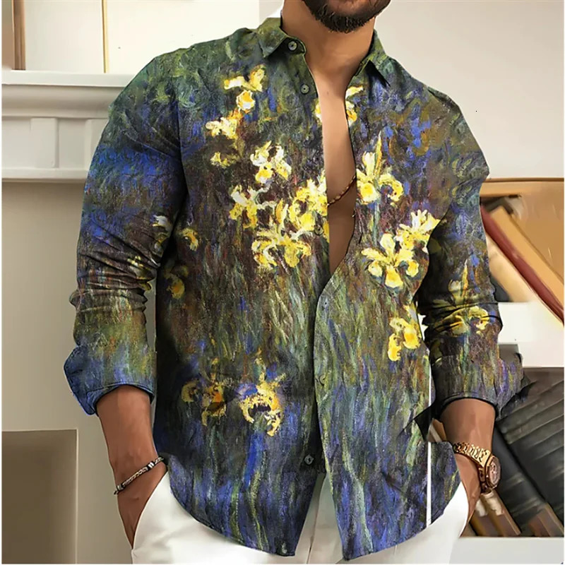 2024 Mens Shirt Floral 3D Printing Vintage Lapel Long Sleeve Outdoor Street Fashion Button Casual Autumn Winter 250227