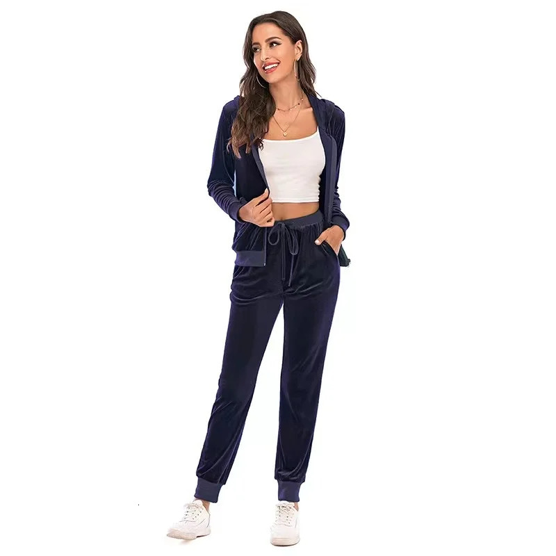 Autumn Velvet Tracksuit Womens 2 Piece Sweatshirt Sweatpants Set Full Zip Hoodie Sweatsuit With Pockets Casual Sportswear 250304