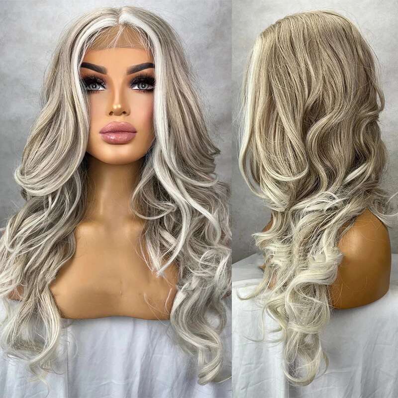 Iced Wavy Layered Money Piece Ash Blonde White Highlights Synthetic Lace Front Wig Streaks Human Hair Blends