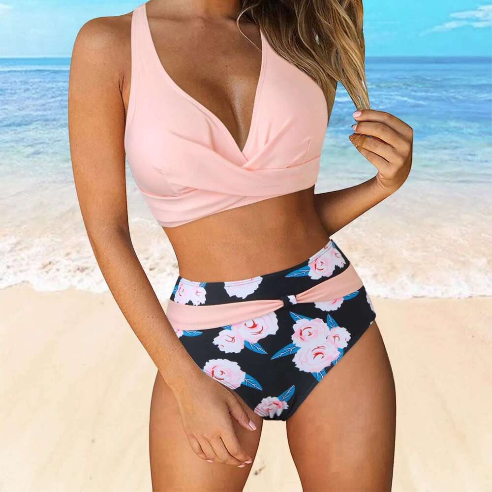 Bandage Sexy Print Bikini Large Size Swimsuit Halter Swimwear Women High Waist Shirring Bikinis Sets Beach Outfits Bathing Suits Km-Ly