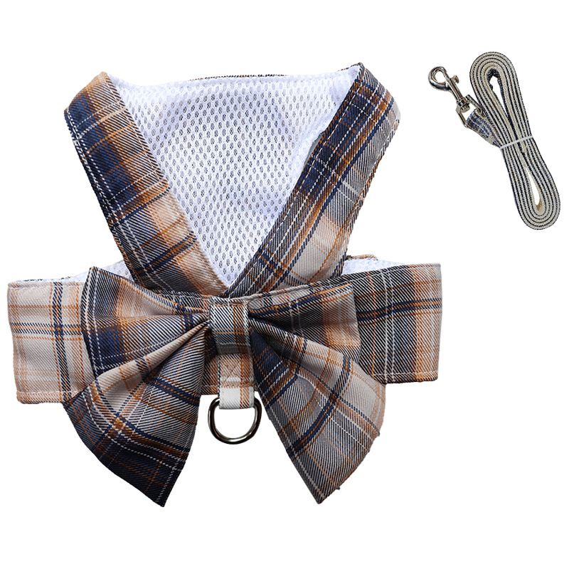 Plaid Dog Dress Bow Tie Harness Leash Set, Dog Clothes Harness Dress with Leash Ring for Small Dogs Girl, Puppy Princess Clothes Chihuahua Yorkies Pet