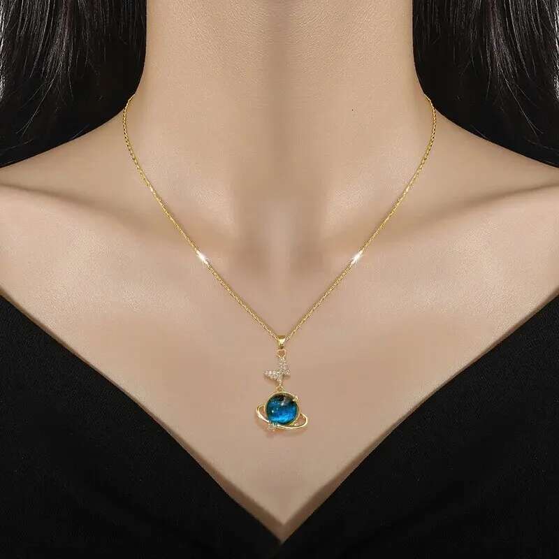 Light Titanium Steel Star Series Necklace for Women Gold Color Planet Moon Astronaut Pendant Necklaces Jewelry Gifts