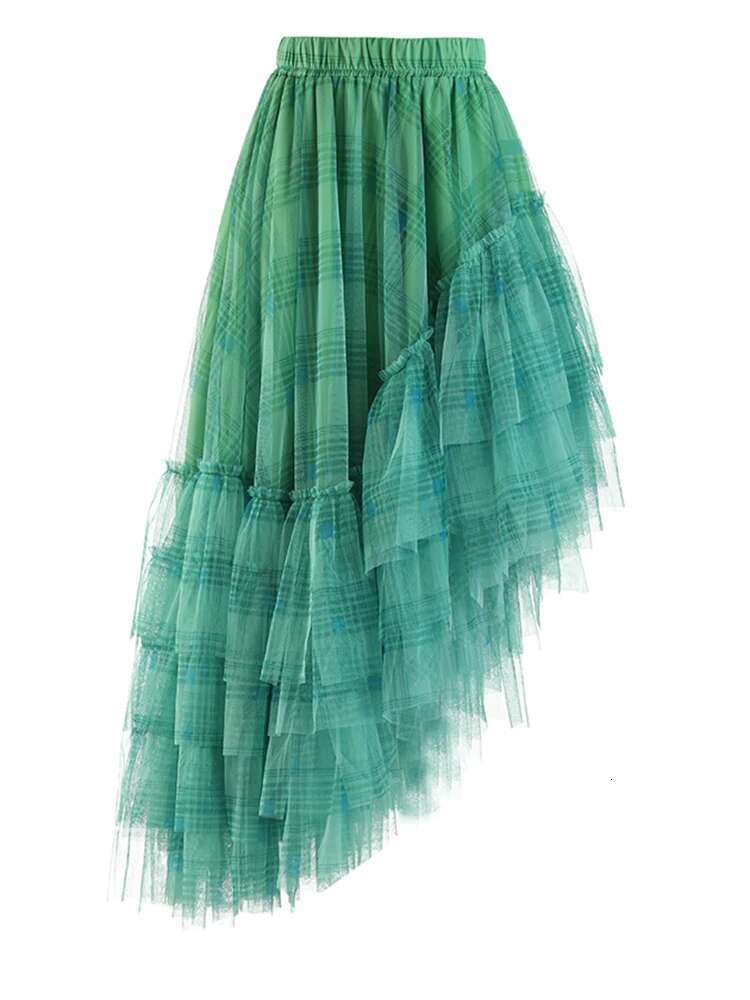 High Elastic Waist Red Plaid Mesh Irregular Long Casual Half-Body Skirt Women Fashion Tide New Spring Autumn