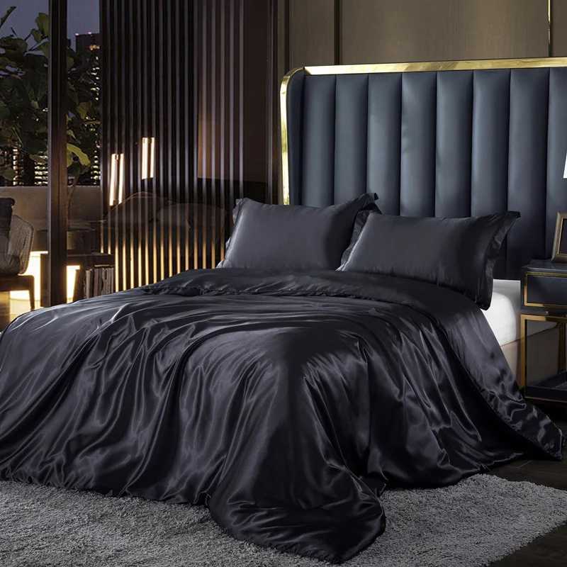 Solid Mulberry Silk Bedding Set with Duvet Cover Bed Sheet Pillowcases Luxury Satin Single Double Bedsheet King Queen Twin SizeT250304