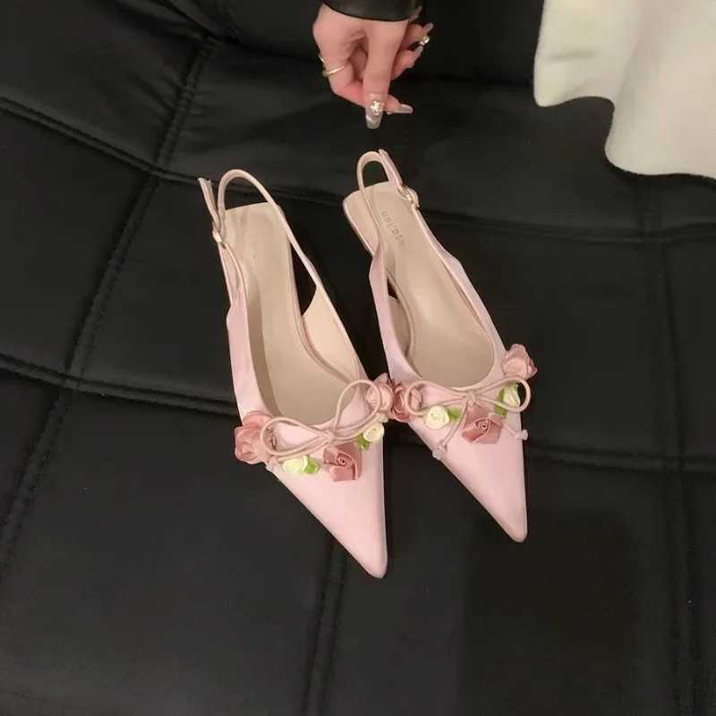 2025 New Spring and Autumn Fi Flower Sweet Pointed Shallow Mouth Bow Needle Buckle Casual Thin High Heel Wens Shoes Y250304