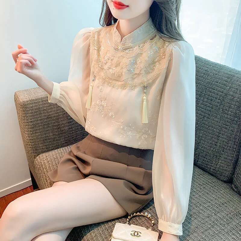 #2547 Spring Vinage Chiffon Women Stand Collar Ladies Tops And Blouses Split Joint Sequined Embroidery Long Sleeve Blouse