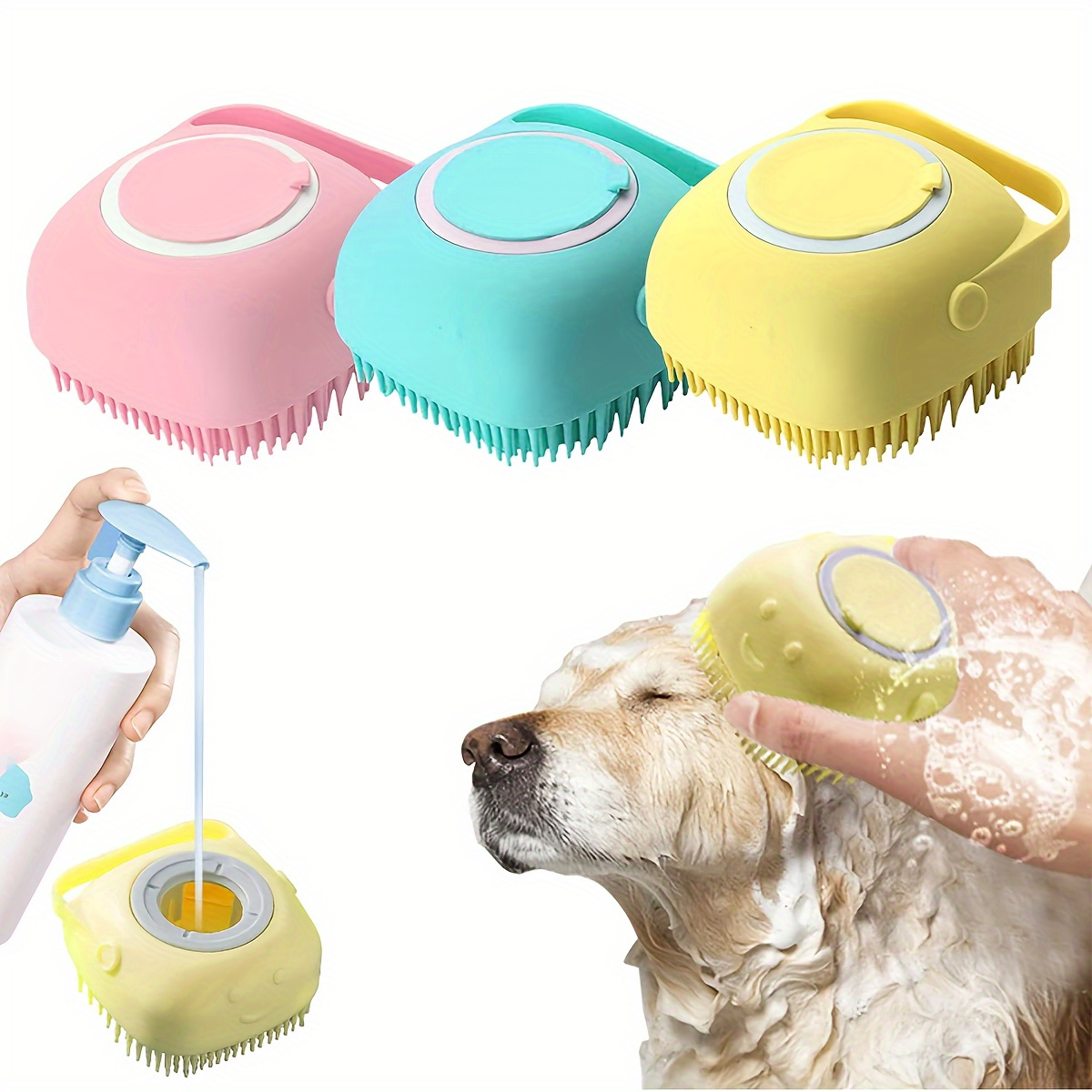 Gentle Silicone Pet Bath Brush with Shampoo Dispenser-Colorful Soft Bristles for Deep Clean and Relaxation-Dog Grooming Massage