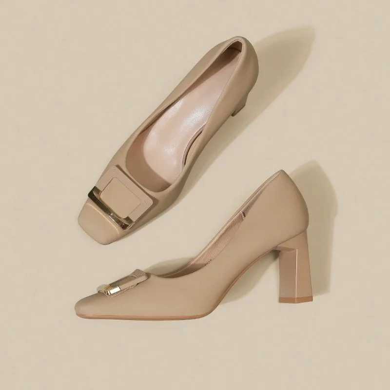 Spring new square thick h wens shallow mouth buckle single shoes professional shoes high h Y250304