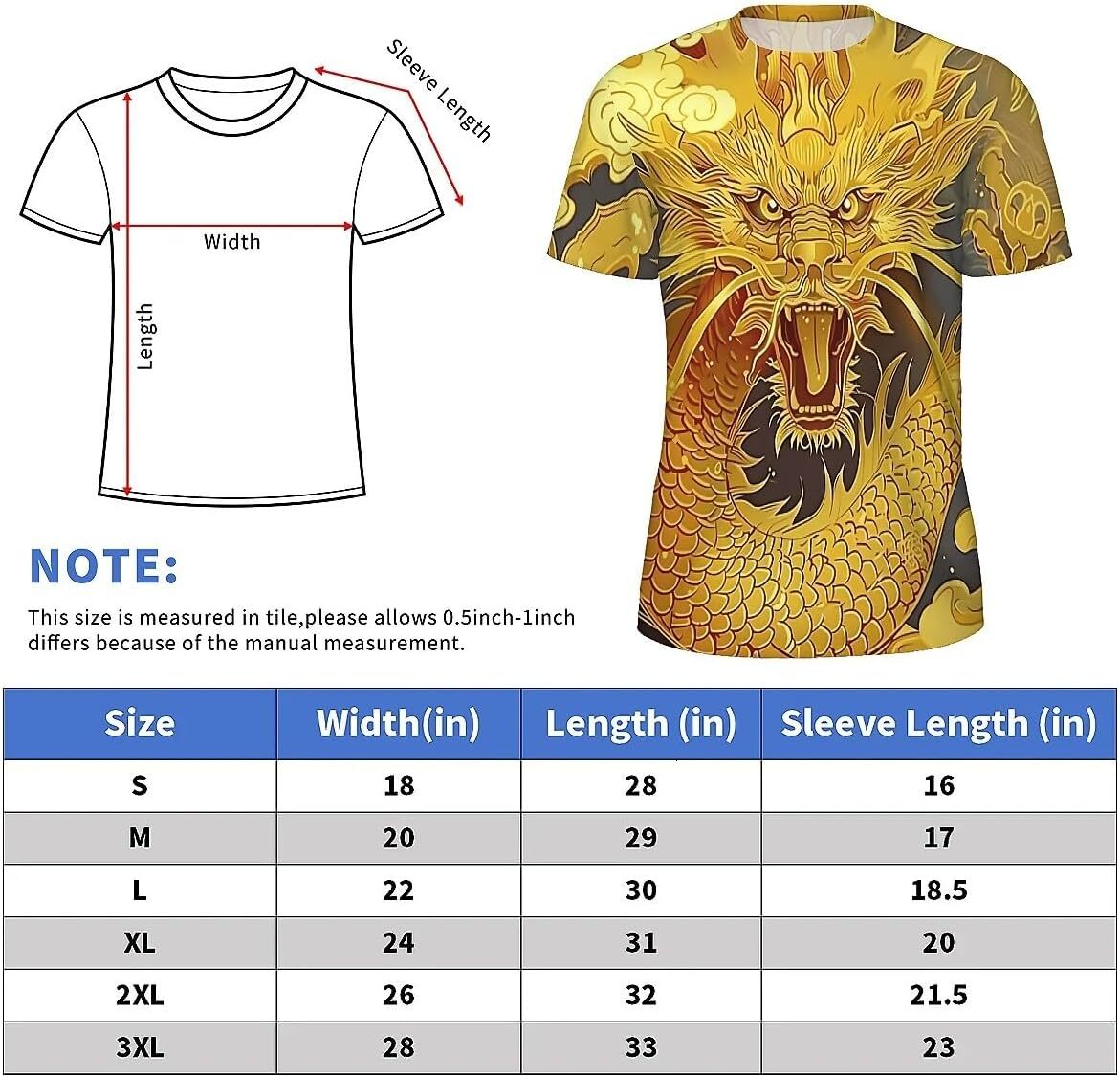 Mens T shirt Men's Novelty T-Shirts Graphic 3D Print Short Sleeve Summer T-Shirt Golden Dragon tee Casual tops summer clothes