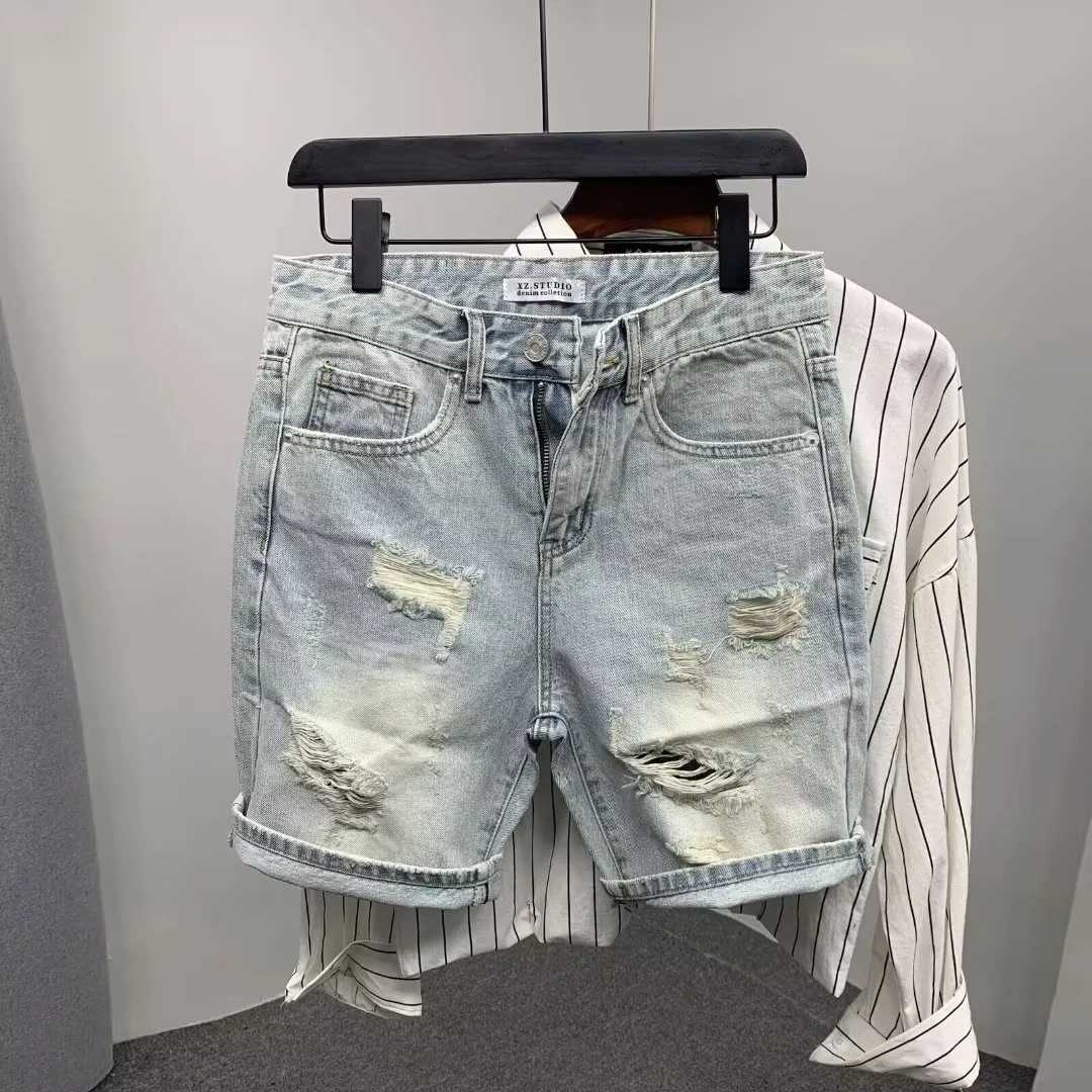 Summer Mens Scratched Broken Denim Shorts Men Fashion Brand Beard Splice Stretch Ripped Short Jeans PantsT250305