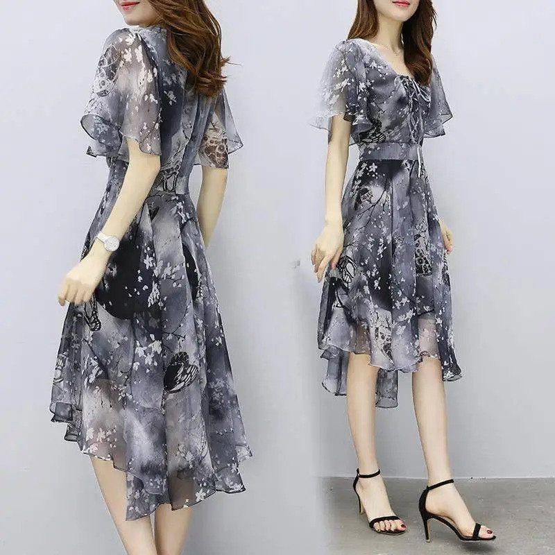 Womens fancy chiffon dress 2024 womens elegant Vneck short sleeved Korean summer 250304
