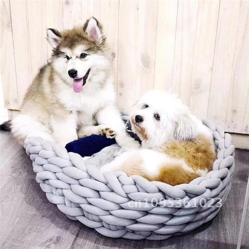 30cm 35cm Round Crocheted Cats Beds Kitten Soft Puppy Cushion Bed Chunky Handmade Dog Supplies Pet Mats