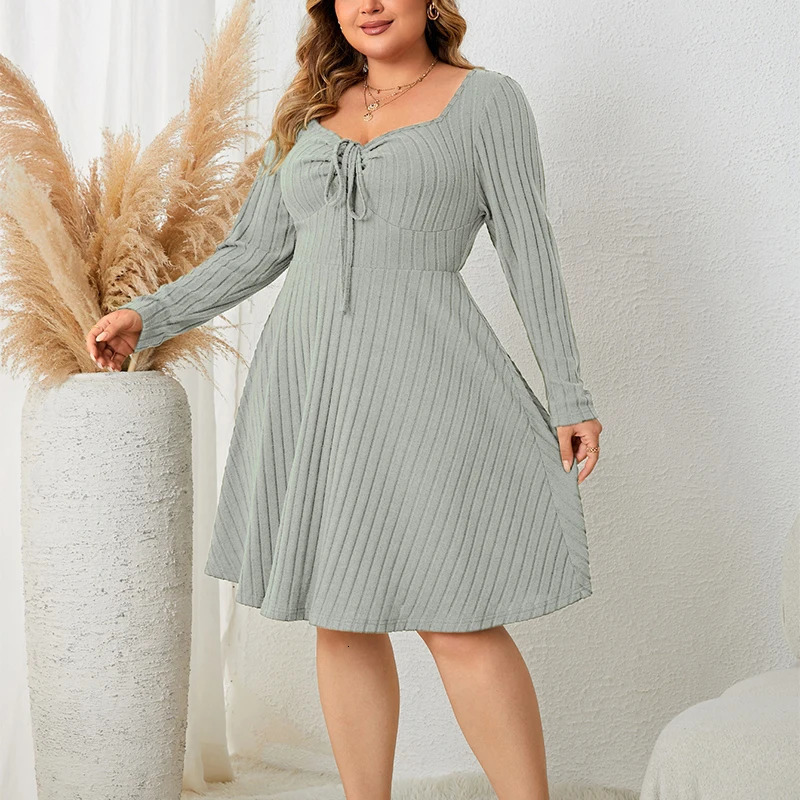 Plus Size Womens Green Dress ALine Spring Fall Vintage Long Sleeve Ribbed Knit Casual Dresses Large 250225