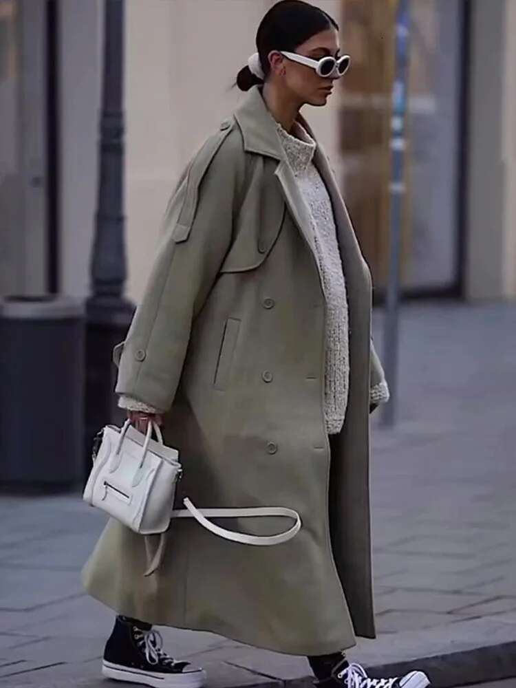 Casual Woolen Lapel Long Coats With Belt Women Elegant Chic Solid Double Breasted Jackets Female Autumn High Street Overcoats