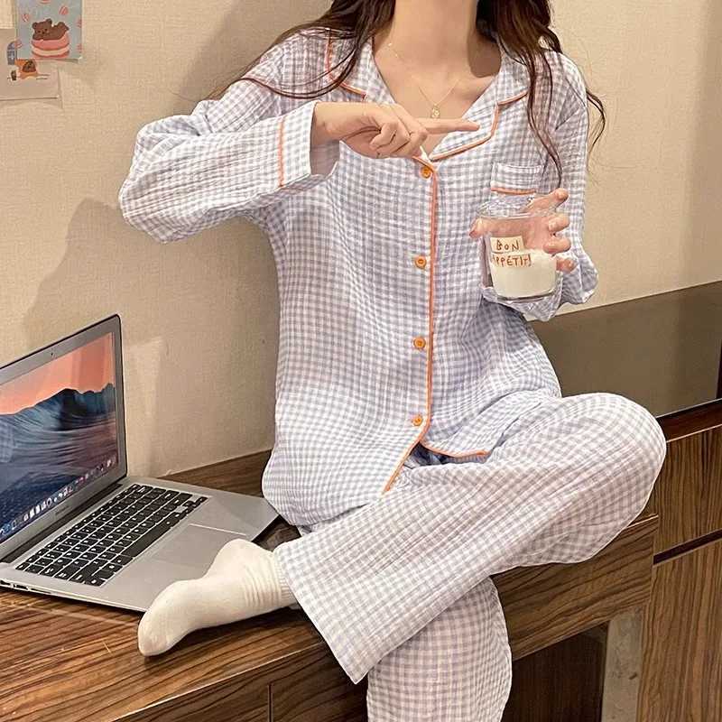 Spring and Autumn New Ladies Pajamas Homewear Set Girlfriends Pajamas Female Ins Plaid Couple Models Simple Pajamas Homewear SetT250305