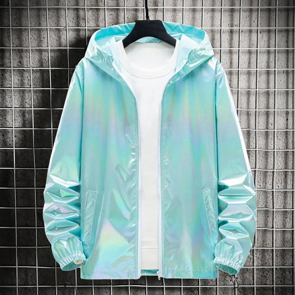 Mens Windbreaker Jackets Nightclub Stage Party Costume Streetwear Harajuku Hip Hop Reflective Jacket Gold Fashion Coats 250304