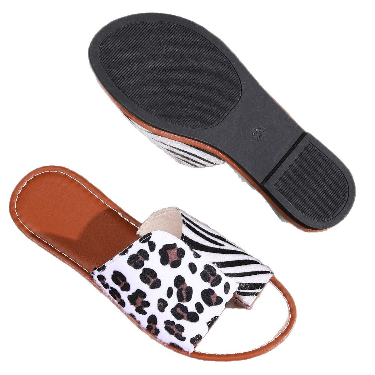 2025 new designer women's plus size cool summer new leopard print set flat shoes straight dragging round head slippers