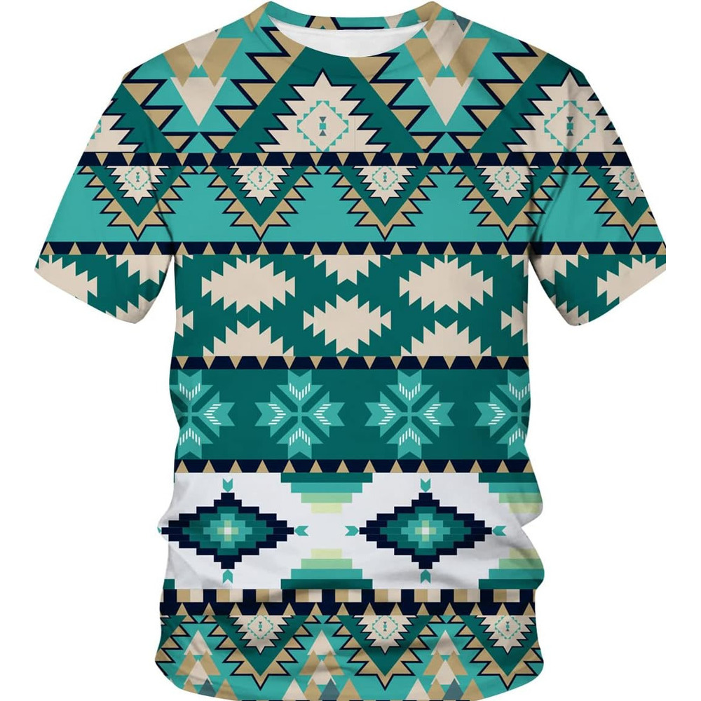 Mens T shirt Men's Aztec Print T-Shirt Summer Fashion Crew Neck Tee tee Casual tops summer clothes Green pattern
