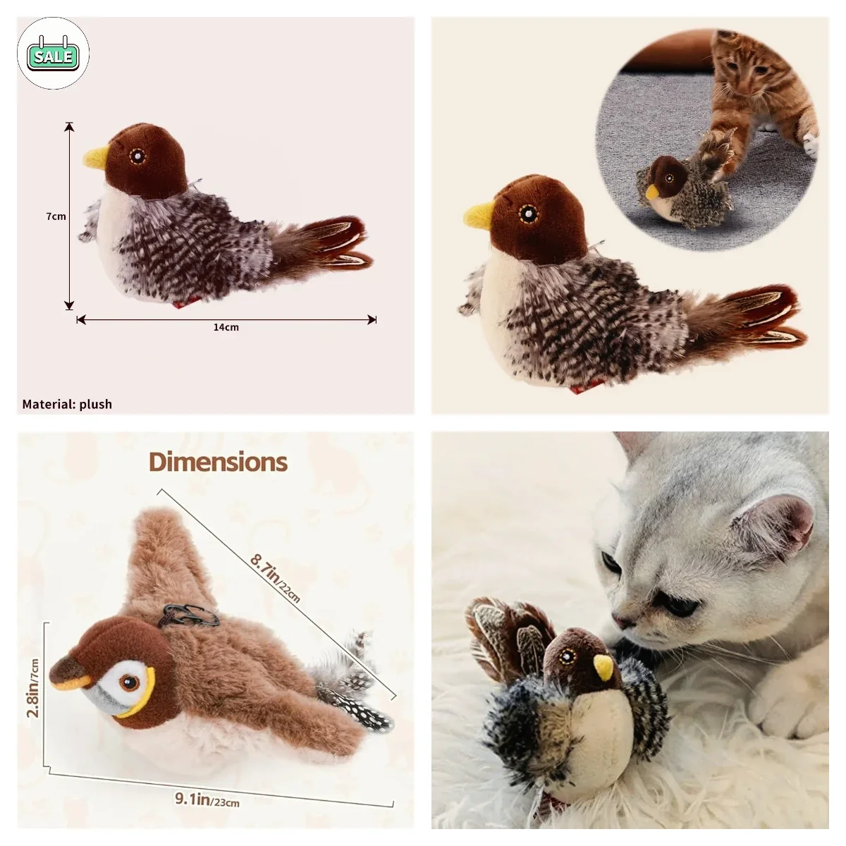 Interactive Cat Toys, Rechargeable Chirping Flapping Bird(no Flying) with Catnip for Indoor Cats, Touch Activated Plush Toys