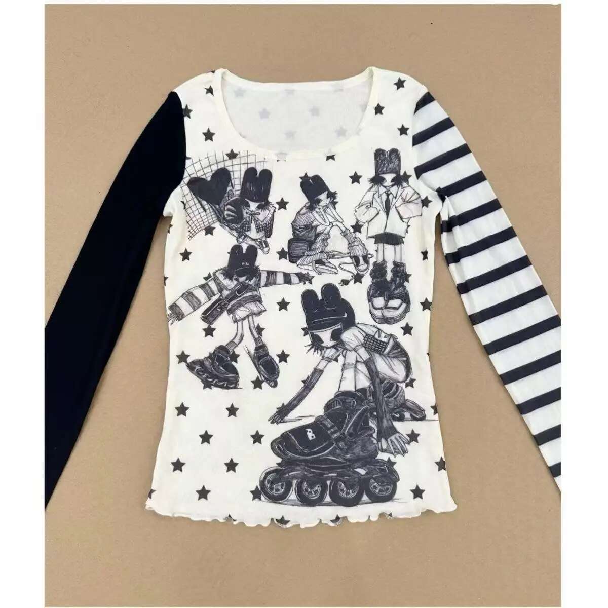 Y2k Ing Asymmetric Long Sleeves Haruku Gothic Graffiti Design Stars Stripe Graphic Slim Fit Tops Sexy Hot Girl Clothing