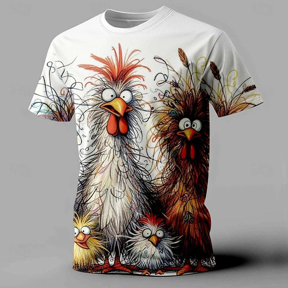 T-shirt short sleeves round neck for men, humorous and casual, printed animal chicken, street fashion, oversized clothing, summer