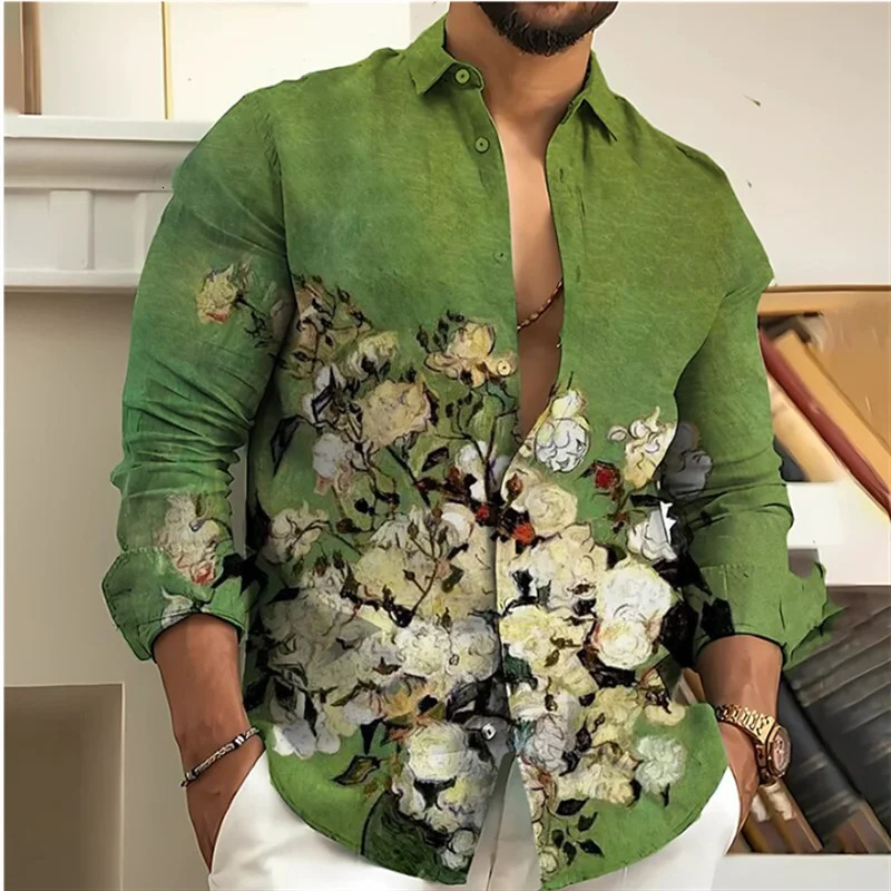 2024 Mens Shirt Floral 3D Printing Vintage Lapel Long Sleeve Outdoor Street Fashion Button Casual Autumn Winter 250227