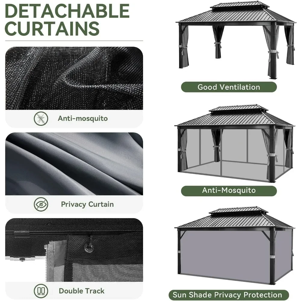 12x16FT Hardtop Gazebo, Outdoor Pergolas with Mosquito Netting and Curtains, Galvanized Steel Double Roof Permanent Gazebo