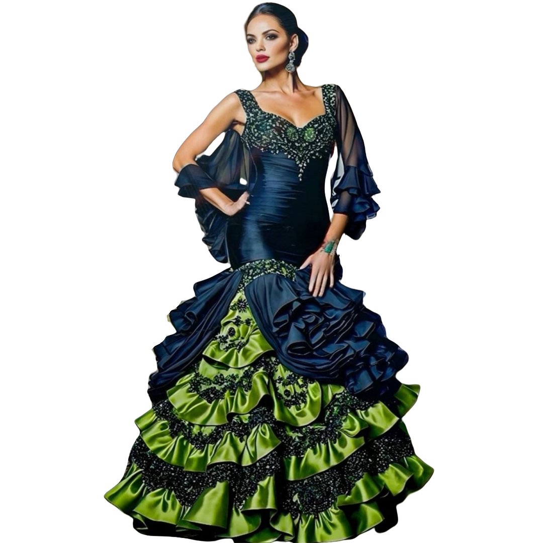 Vintage Ruffled Mermaid Prom Dresses Navy And Green Tiers Long Puffy Evening Gowns Lace Appliques Beaded Pageant Special Occasion Dress For Ladies 202