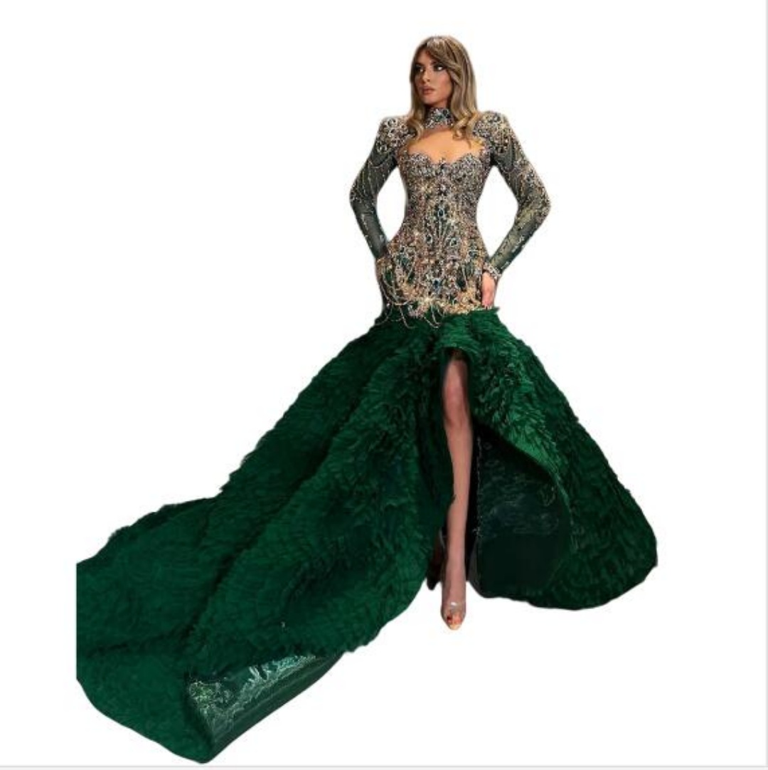 Exquisite High Neck Prom Dress Sexy Diamond Full Sleeve Formal Evening Gowns Ruffles Side Train Robe De Soiree Customized