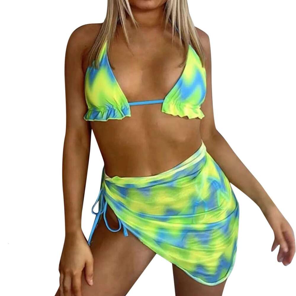 Tie Green Dye Print 3 Piece Bikini Set With Cover-Ups Halter Swimwear Women Micro Thong Swimsuits Beachwear 2024 Bathing Suit Km-Ly