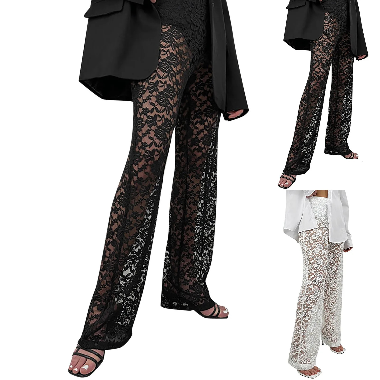 Women Pants Lace Sexy Sheer Thin Mesh Transparent Straight Pants Fashion Jacquard Nightclub Streetwear Tight Black White Pants 250304