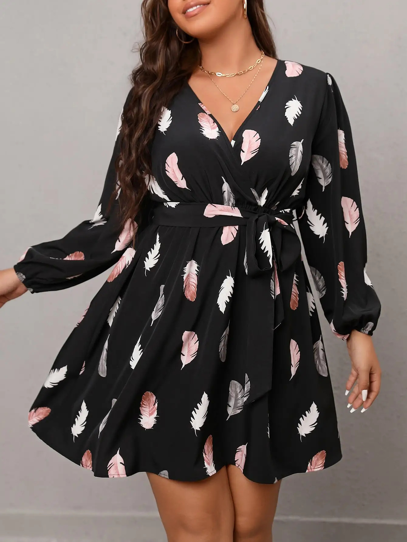 2024 Autumn Plus Size Womens V Neck Dress Ruffled Lace Long Sleeve Skirt Style 250225