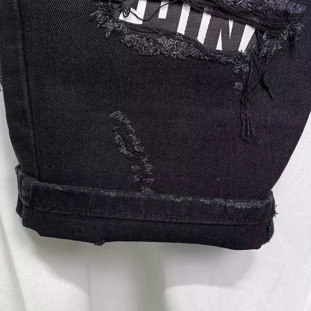Summer Denim Shorts Black Ripped Raw Edge Streetwear Retro Shorts Straight Washed Trendy Mens Causal Versatile Denim Shorts 250304