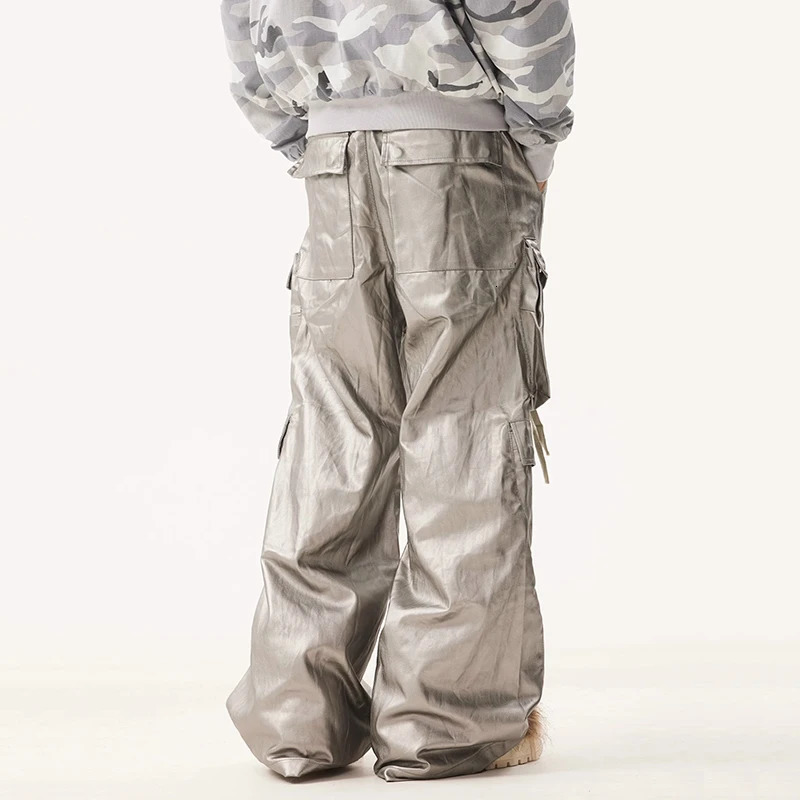 PFNW American Mens Trousers Drawstring Multiple Pockets Matte Coating Silver Stacking Slightly Flared Cargo Pants 28W5487 250304