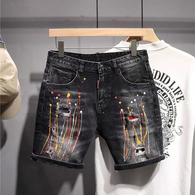 Short Jeans Pants for Men Multi Color Graphic Man Denim Shorts Original Thin Distressed Xl Retro Streetwear Jorts New In RudeT250305