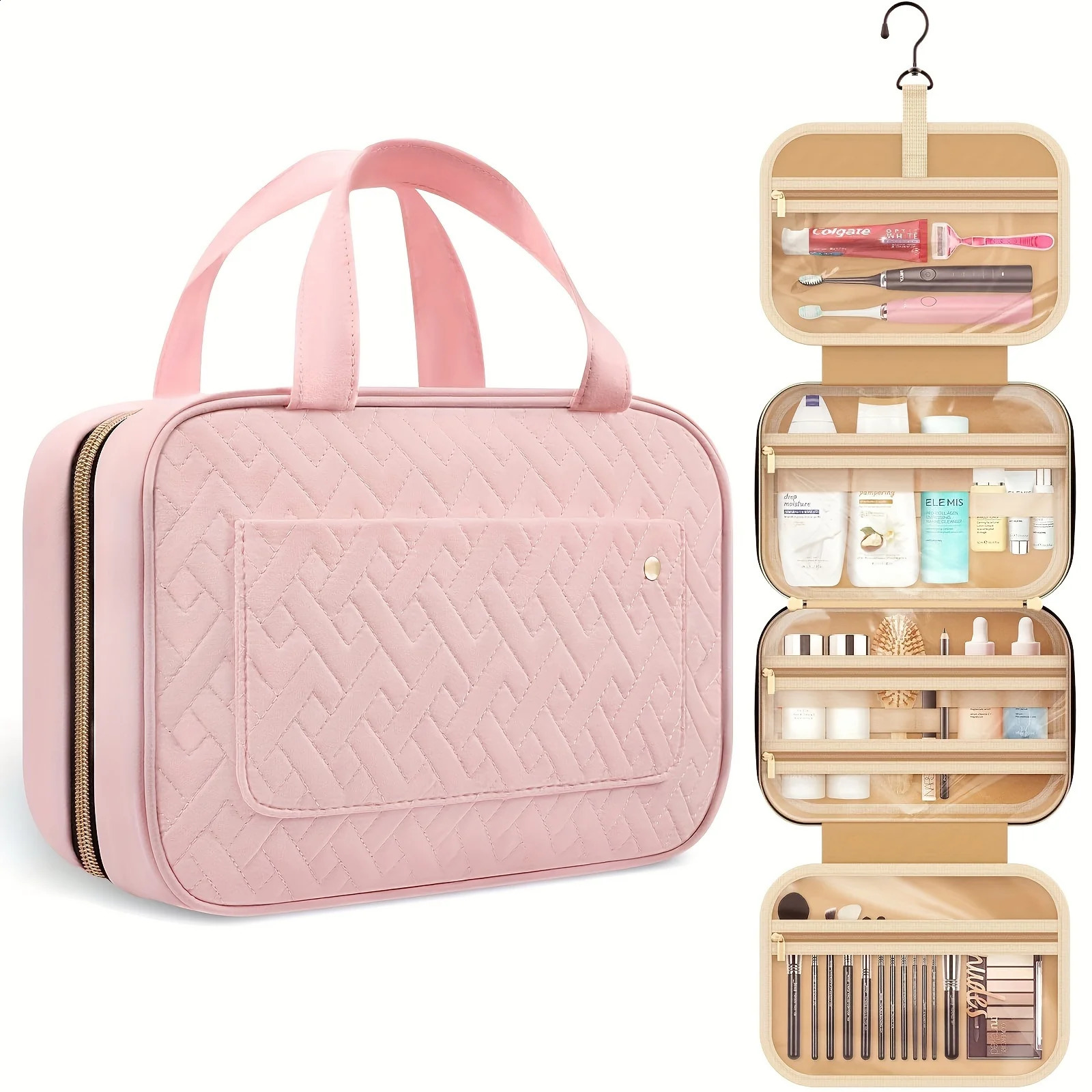 Ship from US Waterproof Travel Toiletry Bag Stylish Hanging Organizer with Durable Compartments for Makeup Fullsized Shampoo Bottles To 250305FBB
