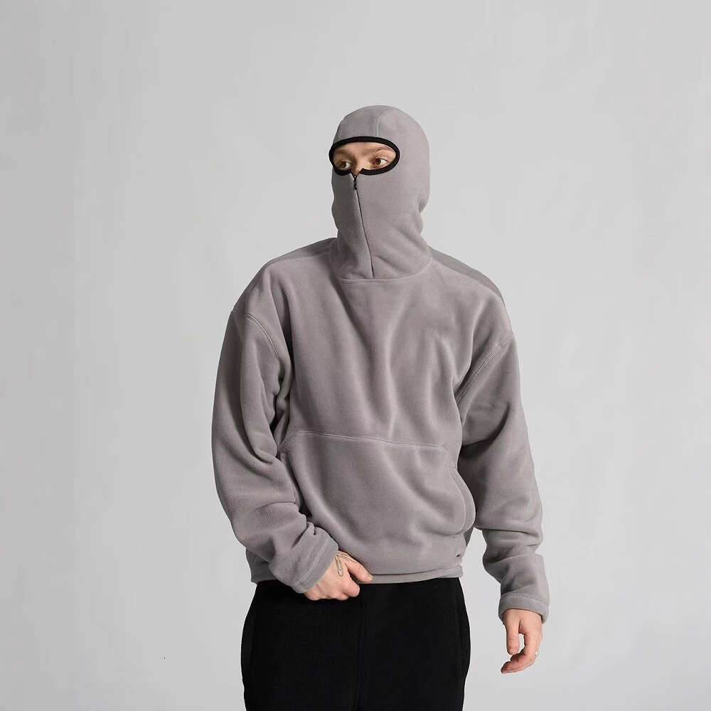 Polar fleece hip-hop high street solid color ninja hooded men's half zip hoodie pullover top