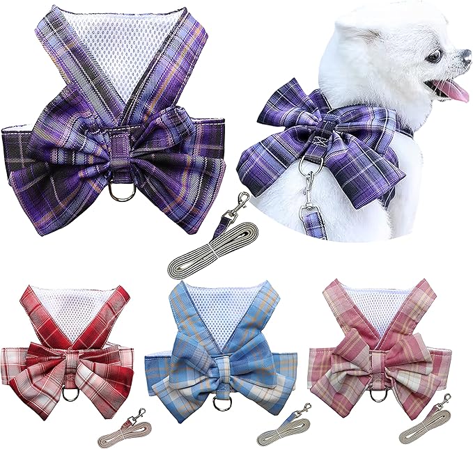 Plaid Dog Dress Bow Tie Harness Leash Set, Dog Clothes Harness Dress with Leash Ring for Small Dogs Girl, Puppy Princess Clothes Chihuahua Yorkies Pet