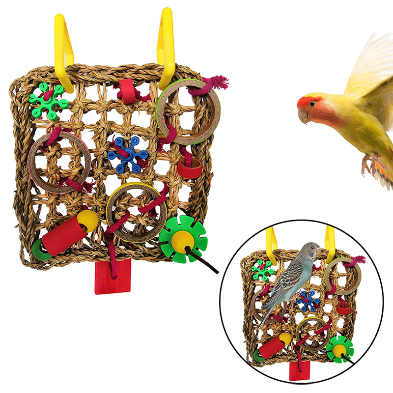 Colorful Hanging Parrot Bird Molar Toy Woven Seagrass Biting Hanging Hemp Rope Parrot Foraging Training Chew Biting Toy Articles