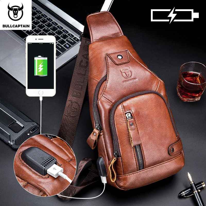 Bullcaptain leather large capacity chest bag mens shoulder with USB port for outdoor leisure activities 250227