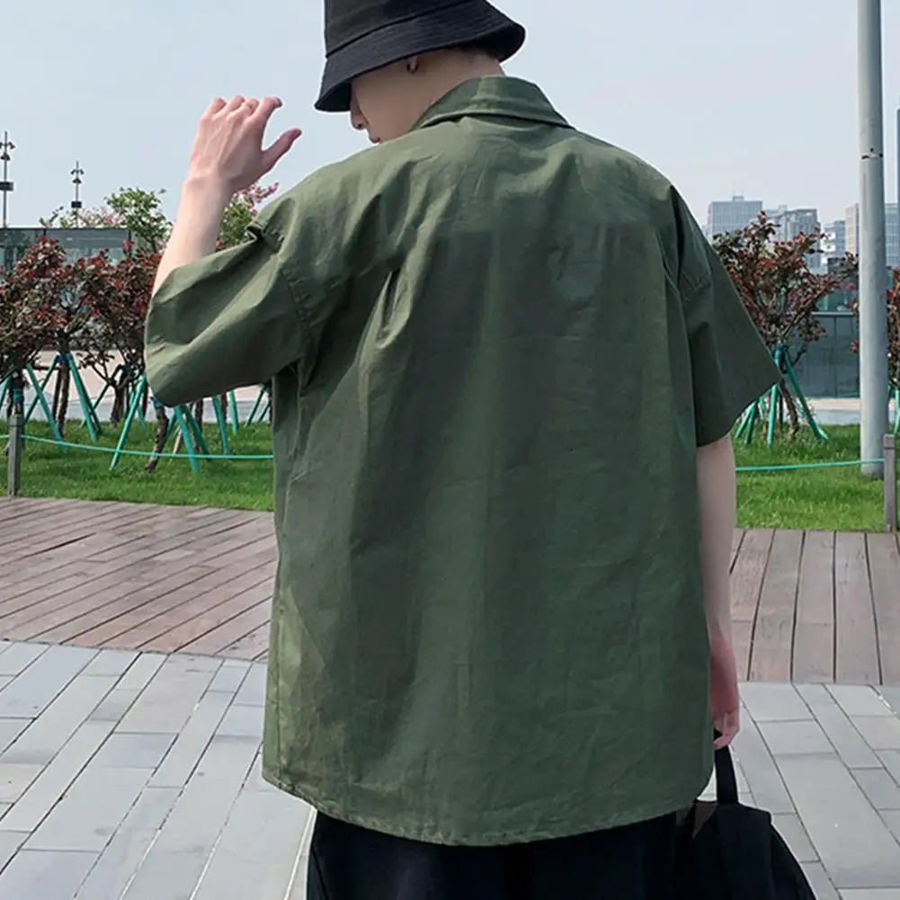 Short sleeved half tool shirt pocket street mens plain casual top 250227Z