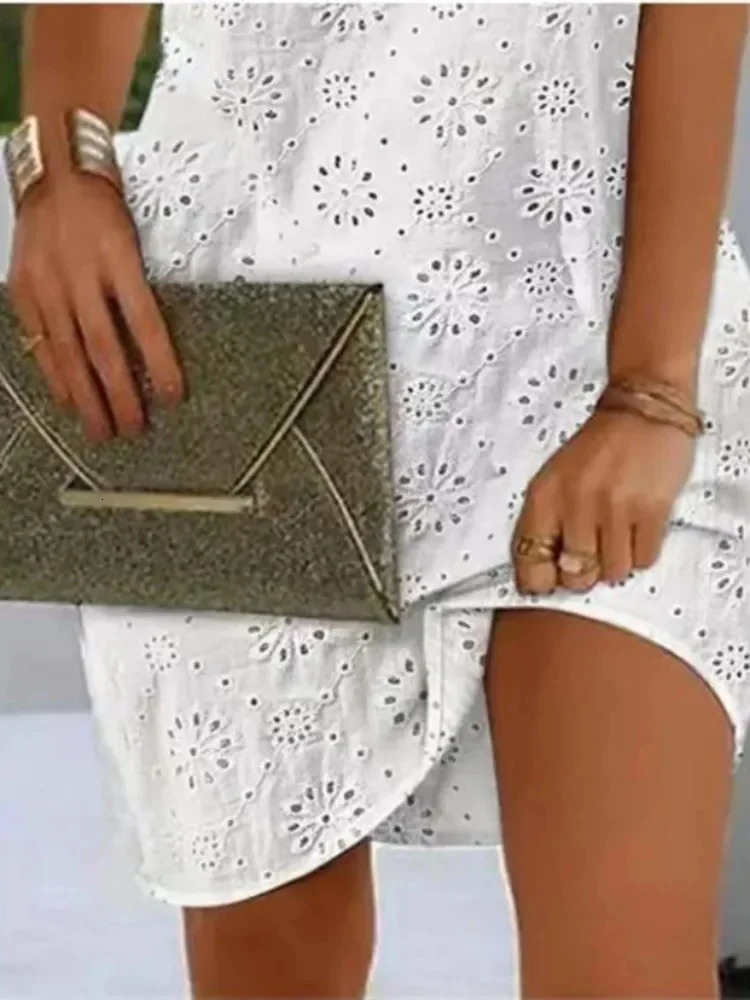 Elegant Dresses VNeck Eyelet Embroidery Tied Detail Sleeveless Mini Straight Dress Vacation Fashion Summer 250304
